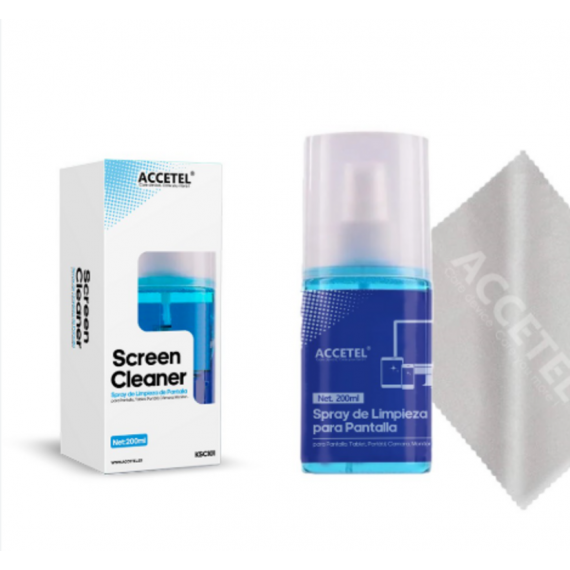 Kit Spray Limpiador Accetel para Pantallas LCD/OLED/Plasma con Paño de Microfibra 200 ml KSC101
