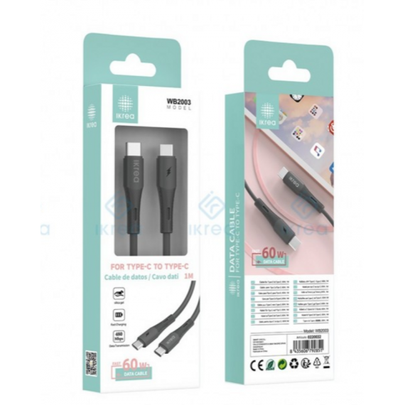 Cable de Datos IKREA Carga Rápida USB-C a USB-C 60W 1 Metro Negro (WB2003)
