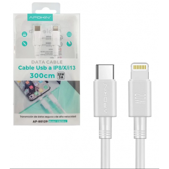 Cable Apokin USB-C a Lightning 300 cm 20W AP-80129