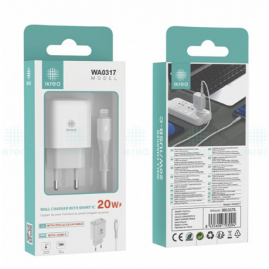 Cargador R&aacute;pido Ikrea 1 Puerto USB-C con Cable Type-C a Lightning 20W Blanco WA0317