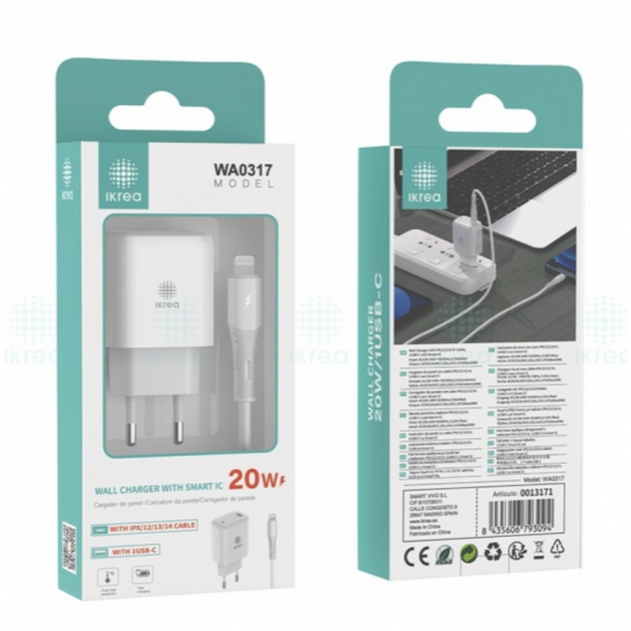 Cargador Rápido Ikrea 1 Puerto USB-C con Cable Type-C a Lightning 20W Blanco WA0317
