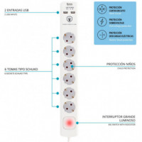 TM Base Múltiple 6 Tomas con 2 USB (TMUAD306)