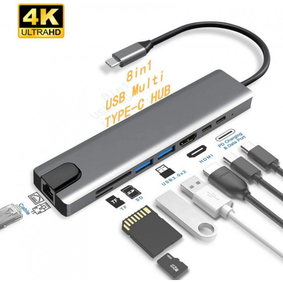 Adaptador Multipuerto USB-C 8 en 1 con HDMI 4K, Gigabit Ethernet, 2x USB 3.0 y Lectores SD/MicroSD