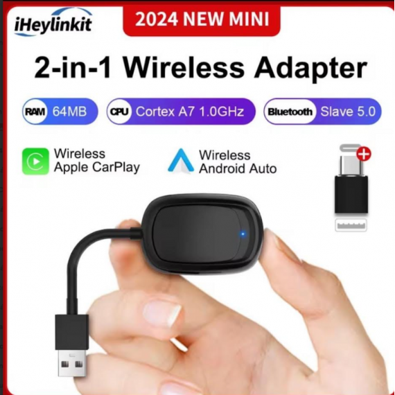 Adaptador Inalámbrico Dual CarPlay y Android Auto 2 en 1 con Asistentes de Voz