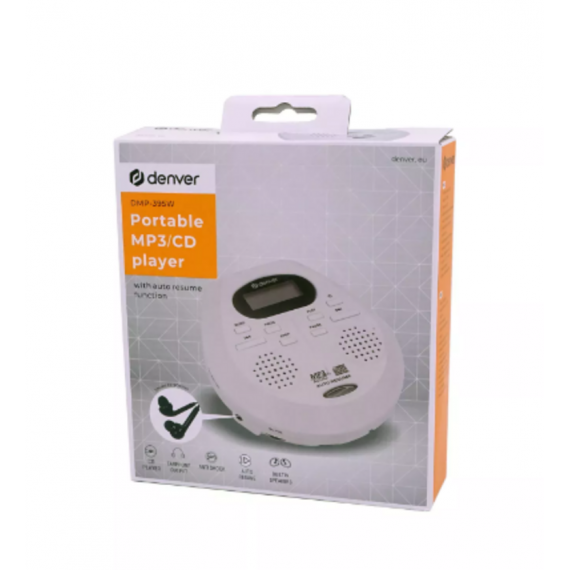Reproductor Discam DENVER con Altavoz CD/MP3, Reanudación Automática y Función Antichoque Blanco (DMP-395W)
