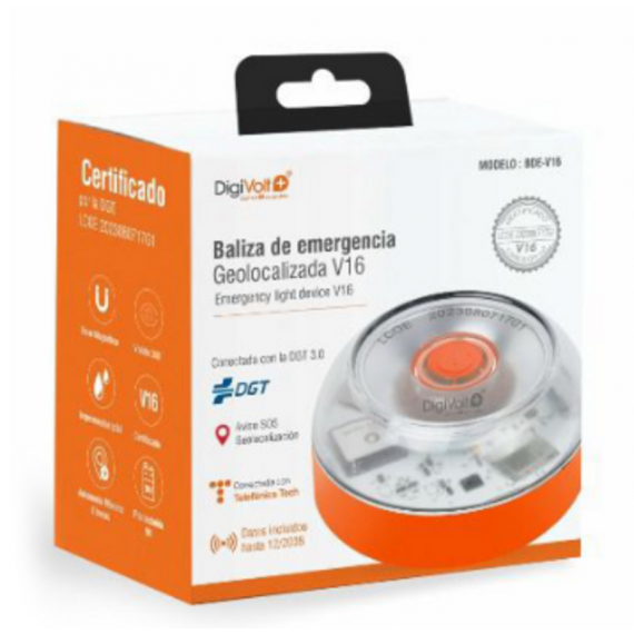 Baliza V16 de Emergencia Digivolt con Certificado DGT, Geolocalización y SIM 13 Años + Pila 9V