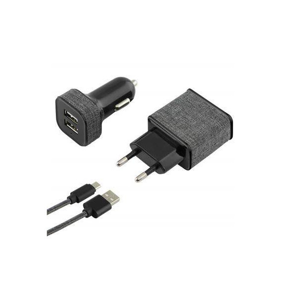 KSIX Pack 3 en 1  Cargador Red por USB 2.4A + Cargador Coche USB 2A, con Cable Micro USB Negro Tipo