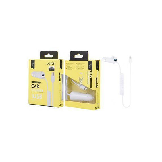 One + Cargador Coche Micro USB A2708 2.4A Cable Rizado Blanco  LALO