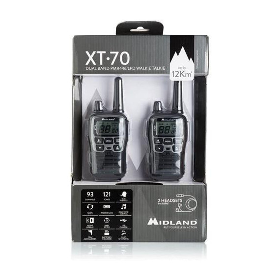 MIDLAND Pareja Wakies  PMR446/LPD XT70 12KM/16 Canales con Pinganillos Negro/plata