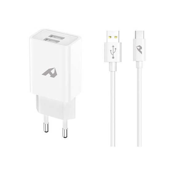 HOME Cargador Red 2X USB + Cable Tipo C a USB 2.4A Blanco