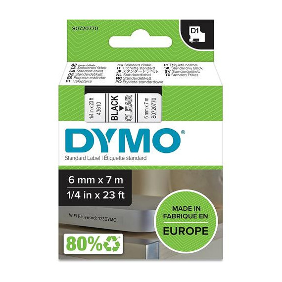 DYMO Cinta D1 6X7M Negro sobre Transparente