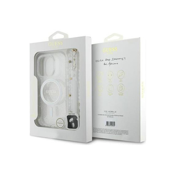 GUESS Funda Glitter Transparente Magsafe con Colgador Perlas  para Iphone 16 Pro - Guanxe Atlantic Marketplace