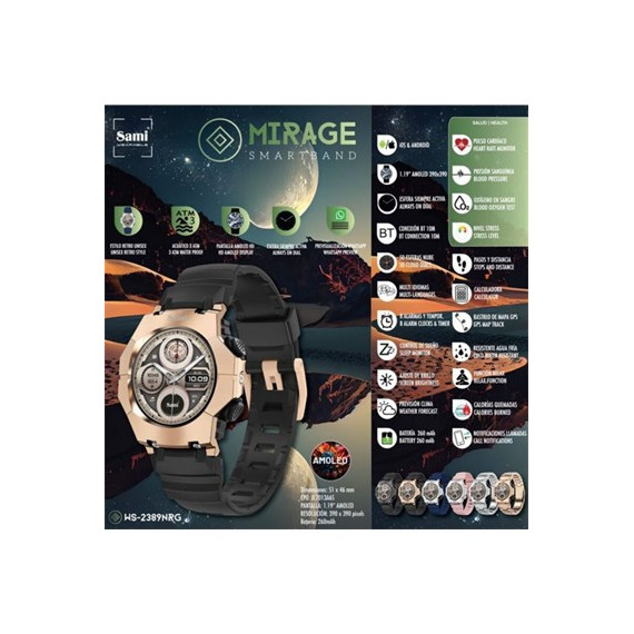 SAMI Reloj Smartwatch Inteligente Mirage WS-2389 Cardiaco/presion/oxigeno/estres Metal Rosa Dorado