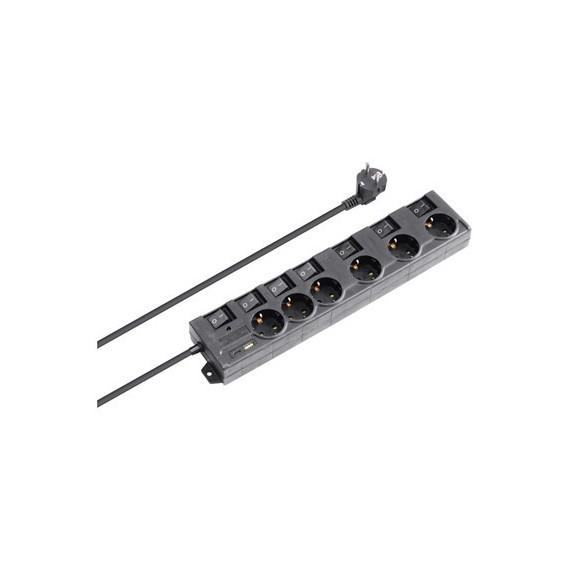 NIMO Regleta 6 Tomas Schuko con Interruptores Individuales+ USB A/tipo C MEL281 Negro