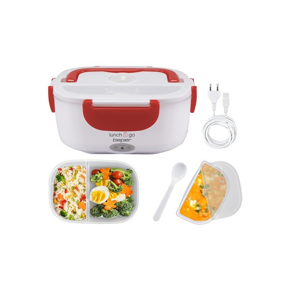 BEPER Fiambrera Electrica con 2 Recipientes Extraibles 1000ML-450ML con Cuchara 40W 220V Blanca Roja