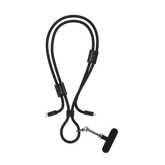 DEVIA 2 en 1 Cable Datos Tipo C M/m 3A 60W + Colgador Movil Ajustable 1.6MTRS Nylon Negro