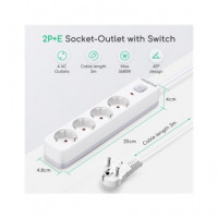 AIGOSTAR Regleta 4 Enchufes Schuko con Interruptor 3680W Cable 3MTRS Blanca GE0401