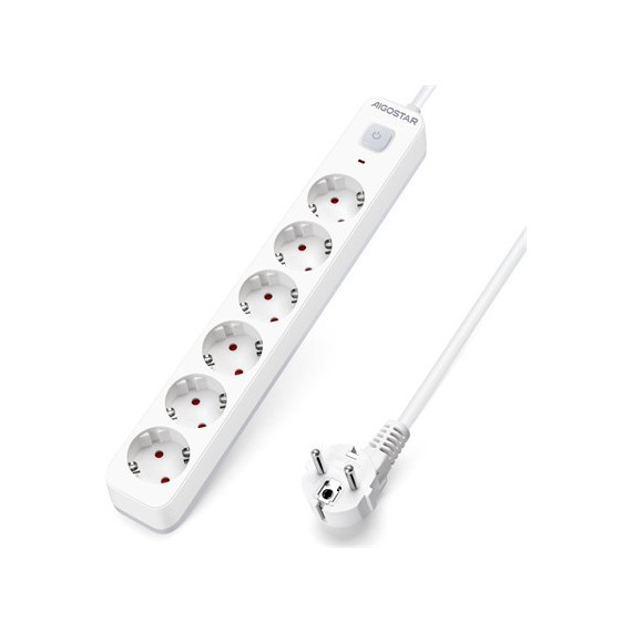 AIGOSTAR Regleta 6 Enchufes Schuko con Interruptor 3680W Cable 3MTRS Blanca GE0601