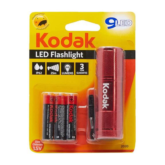 KODAK Linterna Led Color Roja 46 Lumenes, IP62 Resistente Al Agua, 25MTRS, Incluye 3 Pilas Aaa