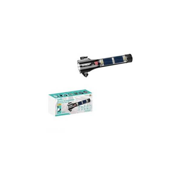 SANDA Linterna Solar SD-5626 800 Lumenes 500MTRS 5V/ALARMA/CORTADOR Cinto/martillo/bat.ext/iman/