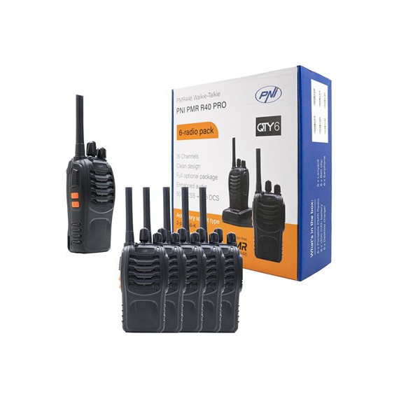PNI R40 Pro Pack de 6 Walkies PMR446 16 Canales con Bateria ,microauriculares, Cargador de Base,clip