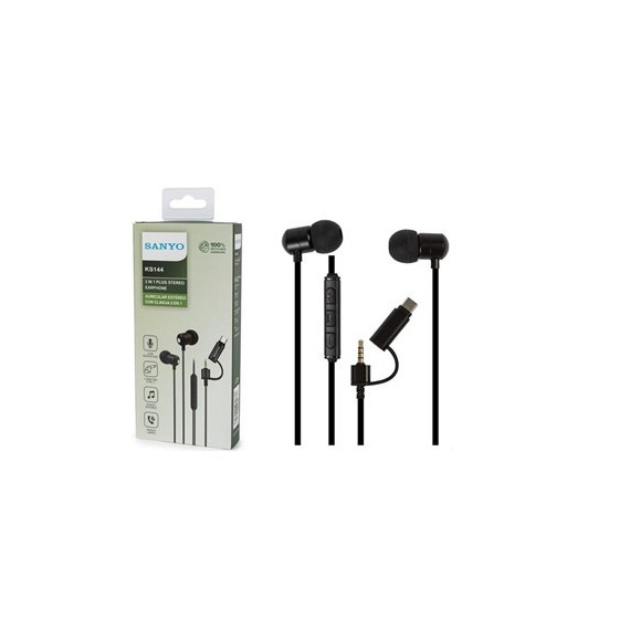 SANYO Auricular con Cable 2 en 1 Mini Jack/tipo C KS144 Microfono Negro