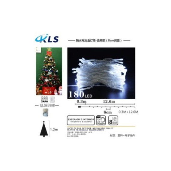 KLS Tira Luz Navidad Blanco Exterior Pila 180Led 12.6Mtrs 8 Funciones 85943