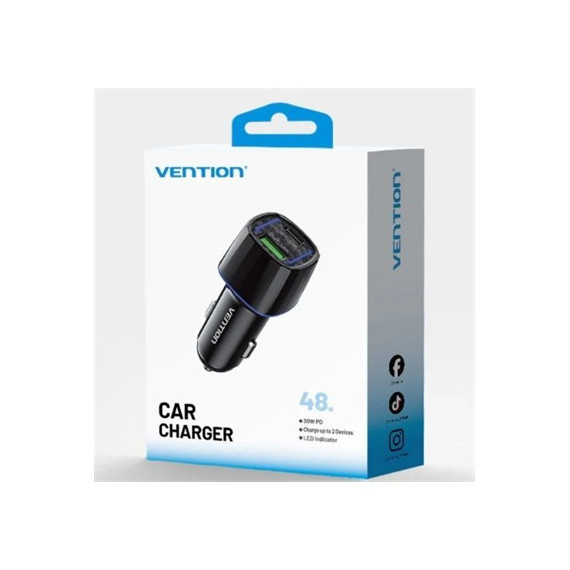 VENTION Cargador de Coche  Tipo C y USB a 48W Negro Ffrbo