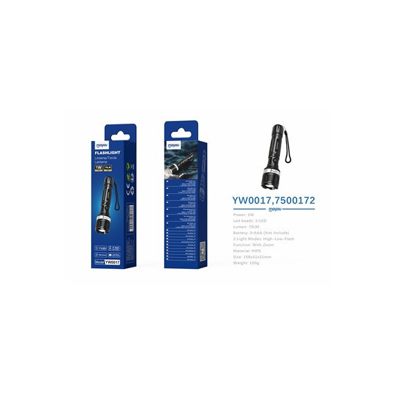 MAYOU Linterna Led 3 Modos de Luz 1W 70 Lumenes YW0017 con Zoom a Pilas