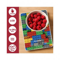 BEPER Pesa de Cocina Digital Max 5KG Placa Vidrio Templado Diseño Lego P102BIL005