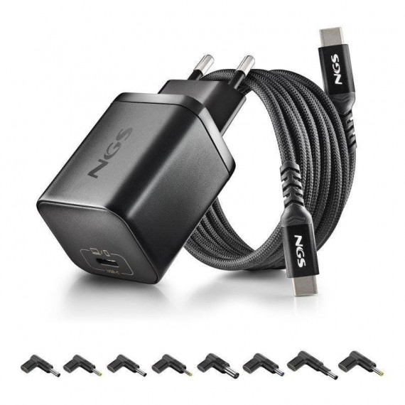 Cargador de Portátil NGS Bud Gan Usb-c 65W para Hp con 8 Conectores y Cable de 1.5M Negro