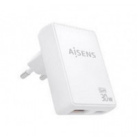 Cargador de Pared AISENS Gan 30W Pd 3.0 Qc 3.0 Usb-a y Usb-c Blanco (ASCH-30W2P074-W)