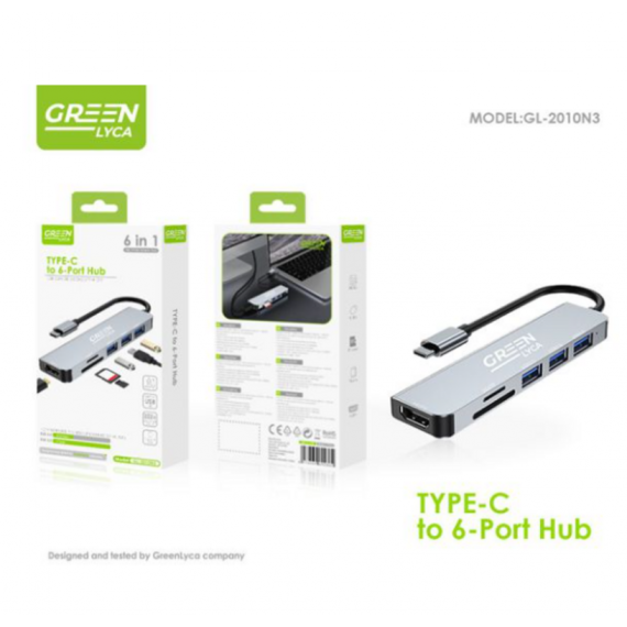 Hub Multifunción Green Lyca G1298 USB-C 6 en 1 con HDMI, USB 3.0/2.0 y Lector de Tarjetas SD/TF