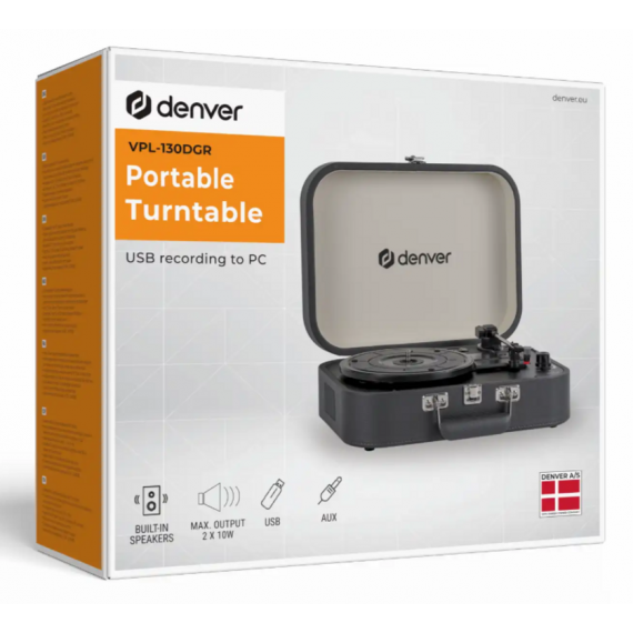 Tocadiscos Portátil Denver VPL-130DGR con Grabación USB y Altavoces