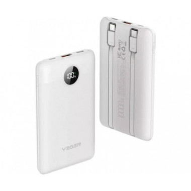 Power Bank Veger C11 VG-W1170 10000 mAh con Cables USB-C y Lightning Integrados, Blanco