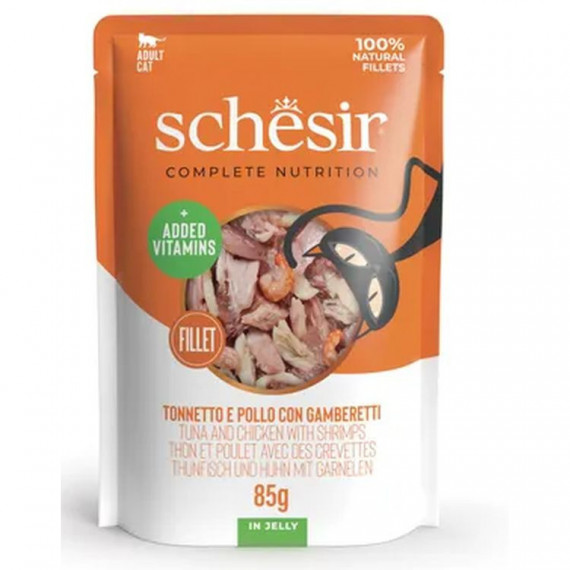 SCHESIR Gato Adulto Atun, Pollo y Gamba Gelatina Pouch 85 Gr