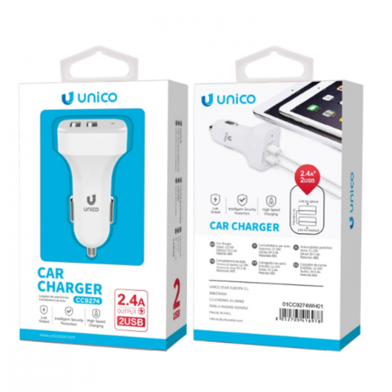 Cargador de Coche UNICO CC9981 con Cable Usb-c (2.4A, 2 Usb, 1M)