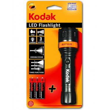 KODAK Linterna Led  FOCUS 157 1000mW 60 Lumenes,IP62 Resistente al Agua, 50Mtrs, Incluye 3 Pilas AAA