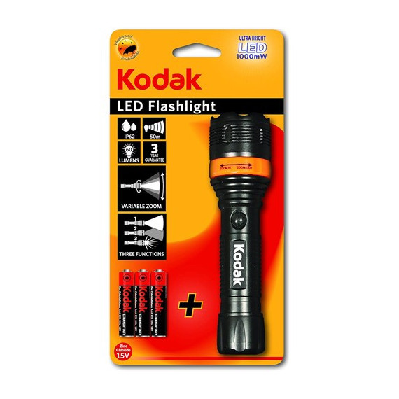 KODAK Linterna Led  FOCUS 157 1000mW 60 Lumenes,IP62 Resistente al Agua, 50Mtrs, Incluye 3 Pilas AAA