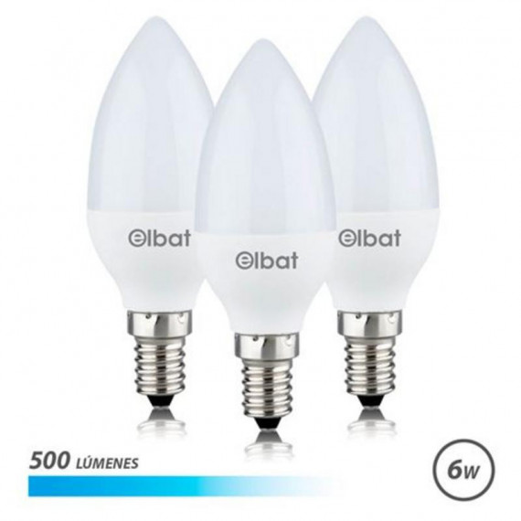 Pack 3 Bombillas LED Elbat C37, 6W, 500 Lúmenes, E14, Luz Fría