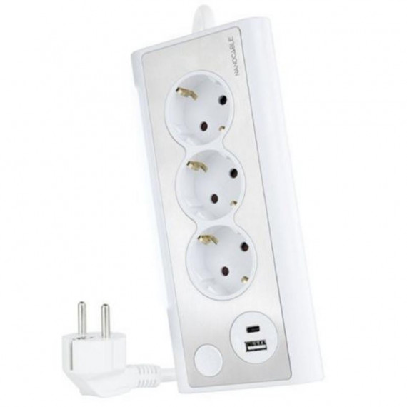 Regleta NANOCABLE con 3 Tomas de Corriente y 2 Puertos USB (usb-a/usb-c) de Carga Rápida, Cable de 1.5M, Blanca