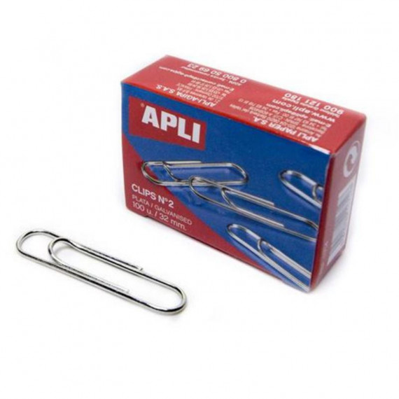 Caja de 100 Unidades de Clips Plateados APLI - Número 2 - 32 Mm