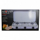 Cocina de Gas Muvip con 3 Quemadores y Tapa Protectora Blanca