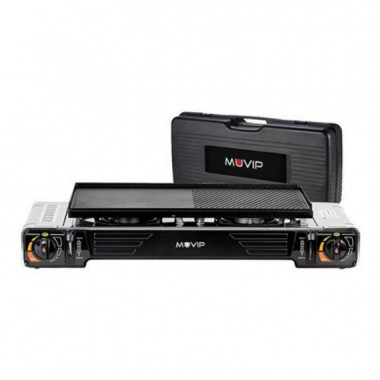 Cocina de Gas Port&aacute;til Muvip con 2 Fuegos, Plancha y Malet&iacute;n de Transporte