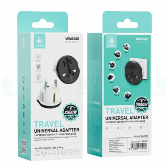 Adaptador de Viaje Universal IKREA Estándar Europeo 2500W Max WA0348
