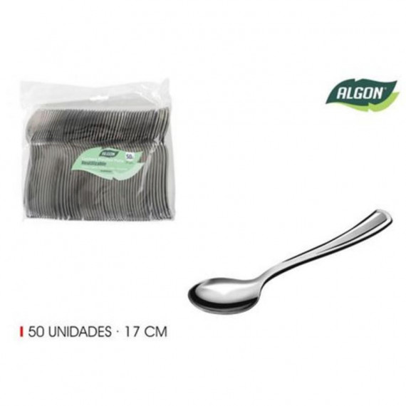 Set de 50 Cucharas de Plástico Reutilizables Algon de 17 cm, Color Plata