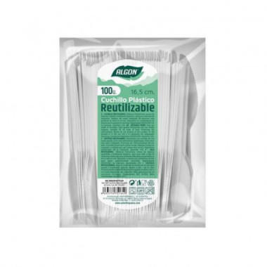 Pack 100 Cuchillos Pl&aacute;sticos Reutilizables Blancos Algon 16.5cm