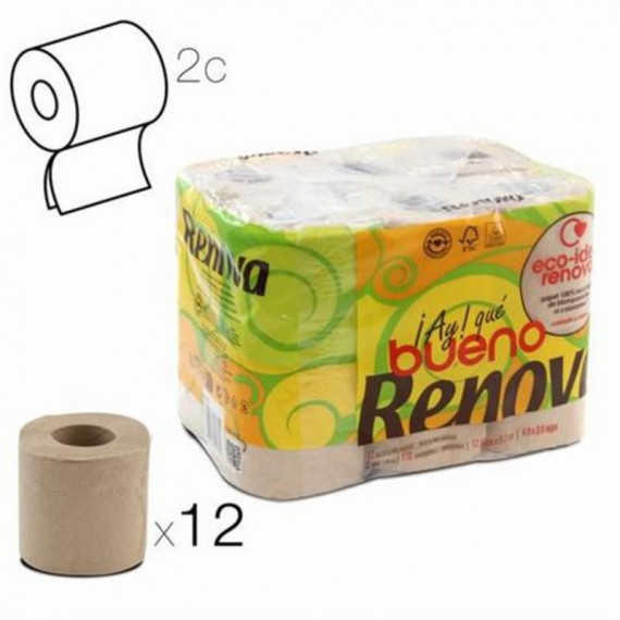 Pack 12 Rollos Papel Higiénico Renova Doble Capa Reciclado Beige