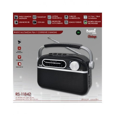SAMI Radio Portatil AM/FM/SW RS-11842 Retro Bluetooth,Micro Sd,Usb,Aux In