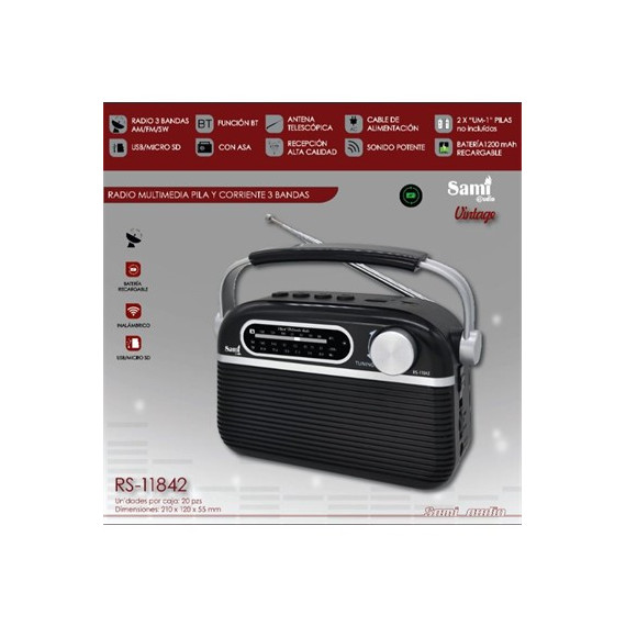 SAMI Radio Portatil AM/FM/SW RS-11842 Retro Bluetooth,Micro Sd,Usb,Aux In